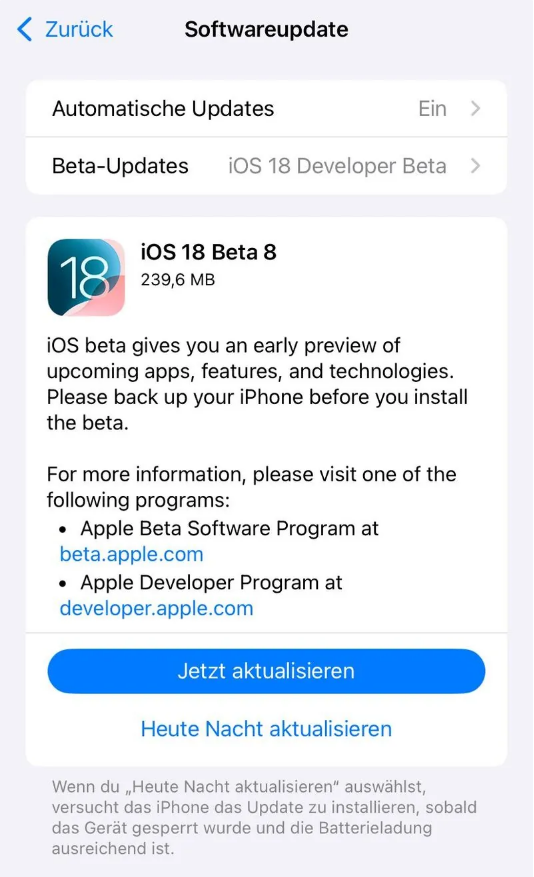 茌平苹果手机维修分享苹果 iOS / iPadOS 18 开发者预览版 Beta 8 发布 